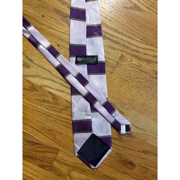 Fratello Handmade Purple & Yellow Geometric Pattern Tie 100% Polyester 58" Long - Picture 7 of 8